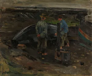 Strait Prints: Boys taring a Boat, Nevlunghavn, 1880. Creator: Gerhard Munthe