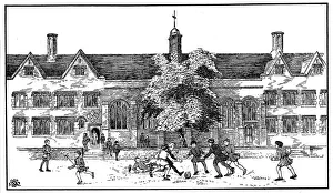 Schoolchild Prints: Boys in Tudor times playing football at Berkhamsted Grammar School, Hertfordshire