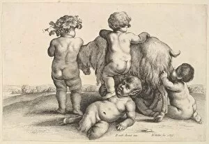 Milk Gallery: Four boys, a young satyr and a goat, 1647. Creator: Wenceslaus Hollar