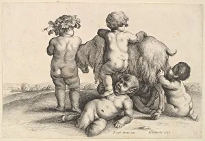 Pieter Van Prints: Four boys, a young satyr and a goat, 1647. Creator: Wenceslaus Hollar