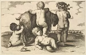 Milk Gallery: Four boys, a young satyr and a goat (copy), 17th century. Creator: Wenceslaus Hollar