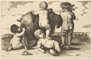 Vine Leaves Prints: Four boys, a young satyr and a goat (copy), 17th century. Creator: Wenceslaus Hollar