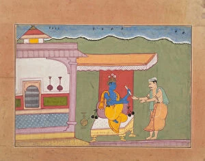 Awning Gallery: The Brahmin Delivers Rukminis Letter to Krishna...from a Dispersed Bhagavata Purana