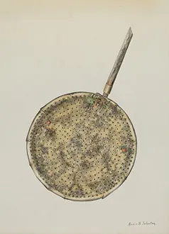 Strainer Prints: Brass Sugar Skimmer, c. 1938. Creator: Annie B Johnston