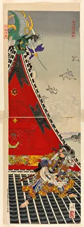 Oban Diptych Prints: The Two Brave Men Inuzuka Shino and Inugai Genpachi Battling on the Roof of