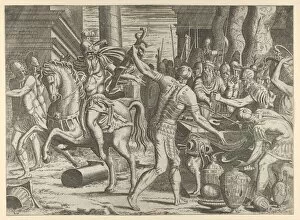 Negotiation Gallery: Brennus throwing his sword on the scales before Camillus, 1540-56. Creator: Leon Davent