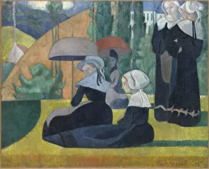 Bretagne Collection: Breton Women with Umbrellas