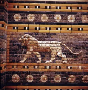 Brick relief of a lion on the walls of the Sacred Way leading to the Ishtar Gate, Babylon, c580 BC
