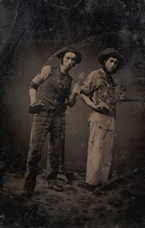 Ferrotype Prints: Two Bricklayers Holding Bricks and Trowels, 1870s-80s. Creator: Unknown