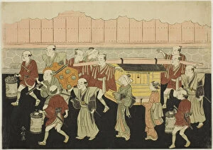 Harunobu Suzuki Collection: The Bride Riding in the Palanquin to Her Husbands House (Koshi-iri), the third sheet... c. 1769