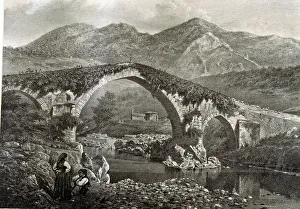 Grabados Prints: Bridge in Cangas de Onis on the River Sella and the hermitage of Santa Cruz, lithograph