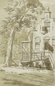 Johannes Huibert Prins Prints: Bridge in front of a house with a stepped gable