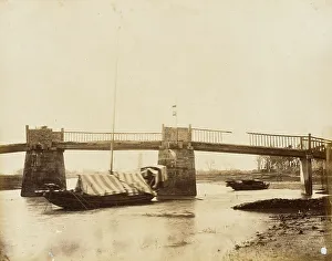 Houseboat Prints: Bridge with Houseboats, China, 1860. Creator: Felice Beato