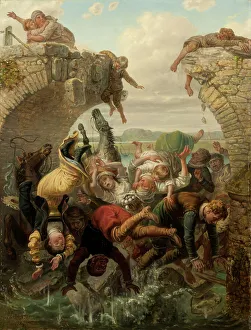 Göteborg Konstmuseum Prints: The Bridge at Nya Lödöse Collapsing into the River Säveån in 1543
