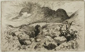 Etchings Prints: Bridge in the Pass of Glencoe, 1882. Creator: Thomas Moran