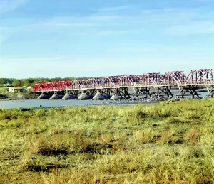 Uzbekistan Prints: Bridge beyond the rapids, over the Syr-Darya from the right bank