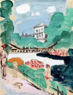 Embankment Prints: Bridge over river, (c1900s). Creator: Raymond McIntyre