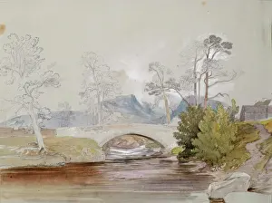 Misty Prints: Bridge over River with Mountains Beyond, c1850s. Creator: John Phillip