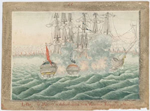 Man Of War Gallery: Brig Mercury fighting two Turkish ships on May 14th, 1829, 1829. Artist: Anonymous