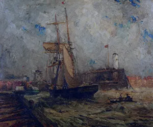 Lighthouse Prints: Brigantine going into Littlehampton Harbour, (c1900s) Creator: Nelson Ethelred Dawson