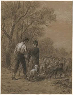Charlesemile Jacque French Prints: Bringing in the Sheep, 1800s. Creator: Charles-Emile Jacque (French, 1813-1894)