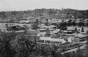 Brisbane Prints: Brisbane from Observatory, showing first wooden bridge across Brisbane River c1866