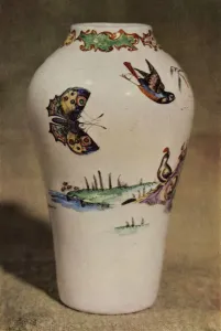 Honey Prints: Bristol White-Glass Enamel-Painted Vase, 1946. Creator: Unknown