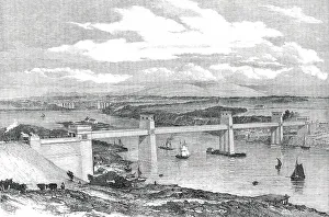 Stephenson Robert Prints: The Britannia Tubular Bridge across the Menai Straits - sketched from the Anglesey Shore