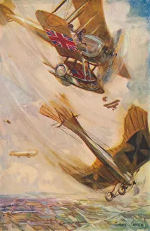 A British Biplane Bringing Down a German Taube, c1916 (1928). Artist: Cyrus Cuneo A British Biplane Bringing Down a German Taube, c1916 (1928). Artist: Cyrus Cuneo