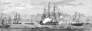 Gunships Prints: The British Channel Squadron entering Cherbourg Harbour, 1865. Creator: Unknown