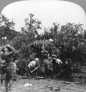 British gunners donning masks as protection against German gas shells, World War I British gunners donning masks as protection against German gas shells, World War I