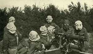 British Machine-gun Section wearing anti-gas masks, First World War, 1914-1918, (c1920)