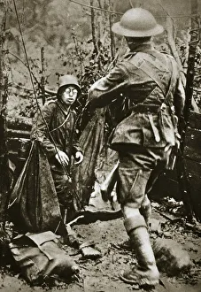 Aisne Prints: British mopping-up squad surprises a German straggler, World War I, Aisne, France, 1918