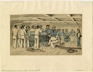 British Fleet Gallery: British naval gunners on gun deck, c. 1850. Artist: Anonymous