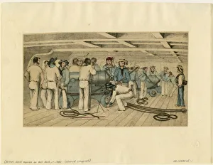 Sea Battle Prints: British naval gunners on gun deck, c. 1850. Artist: Anonymous