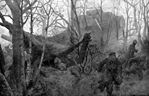 J Simont Prints: British Offensive in Cambrai; German Gunners Surprised by a Tank, 1917. Creator: J Simont