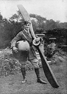 Aviation Prints: British pilot Captain Albert Ball posing with trophies from his 43rd victory, 1917