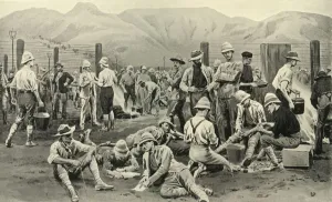 Dadd Prints: British Prisoners Waiting for Release: The Camp at Nooitgedacht, 1901. Creator: Frank Dadd