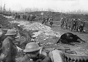 Wreckage Prints: The British Push Into Flanders; A crossroads behind the battle, 1917. Creator: Unknown