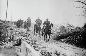 Warhorse Prints: British in ruined village, between c1915 and c1920. Creator: Bain News Service