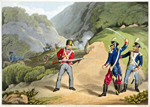 Pyrenees Gallery: A British soldier Taking Two French Officers at the Battle of the Pyrenees, 1813 (1816)