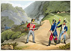 Dubourg Prints: A British soldier Taking Two French Officers at the Battle of the Pyrenees, 1813 (1816)