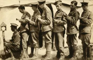 British soldiers synchronising their watches on the front line, First World War, 1914-1918, (1933) British soldiers synchronising their watches on the front line, First World War, 1914-1918, (1933)