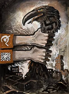 Co Operation Prints: British and Soviet arms grasping neck of predatory bird arising from