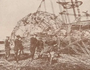 Shot Down Prints: British staff officers examining the wreckage of a Zeppelin brought down in England