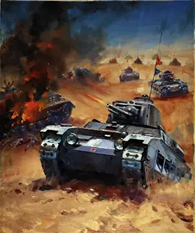 The National Archives Prints: British tanks advance across a desert landscape