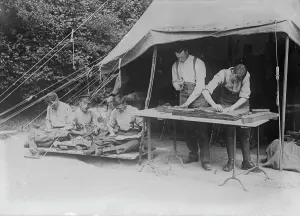 Army Camp Prints: British training, tailor shop, 17 Aug 1917. Creator: Bain News Service