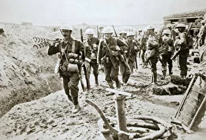 Barbed Wire Gallery: A British wiring party going up to the trenches, Somme campaign, France, World War I, 1916