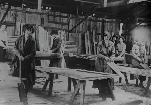 Woodwork Prints: British women carpenters near front, 30 Jun 1917. Creator: Bain News Service