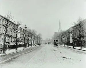 St Pauls Church Prints: Broad tree-lined street with tramlines, Burdett Road, Stepney, London, 1912